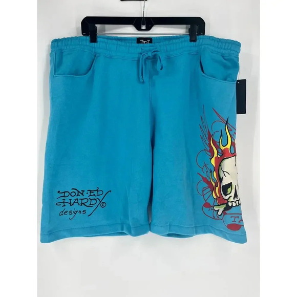 Ed Hardy Graphic Fire Skull Tattoo Men's Fleece Sweat shorts Size XXL Blue NWT - Picture 2 of 11